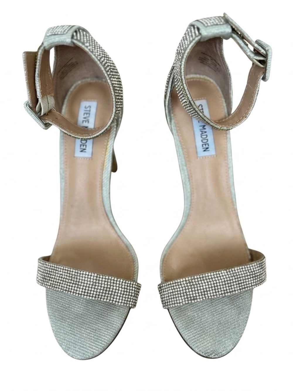 Steve Madden Heeled Sandal Silver Rhinestoned Strappy Ankle Strap Spike Heel 8 - Picture 3 of 16